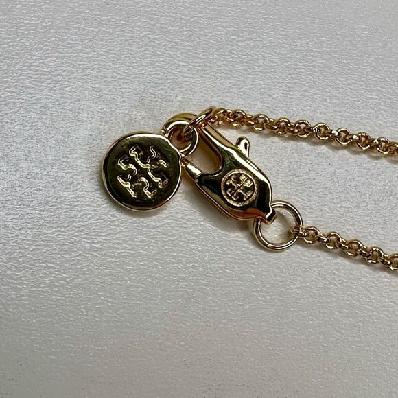 Tory Burch Kira Hexagon Logo Pendant Necklace Gold-Plated Brass White Enamel 18” - Picture 4 of 6